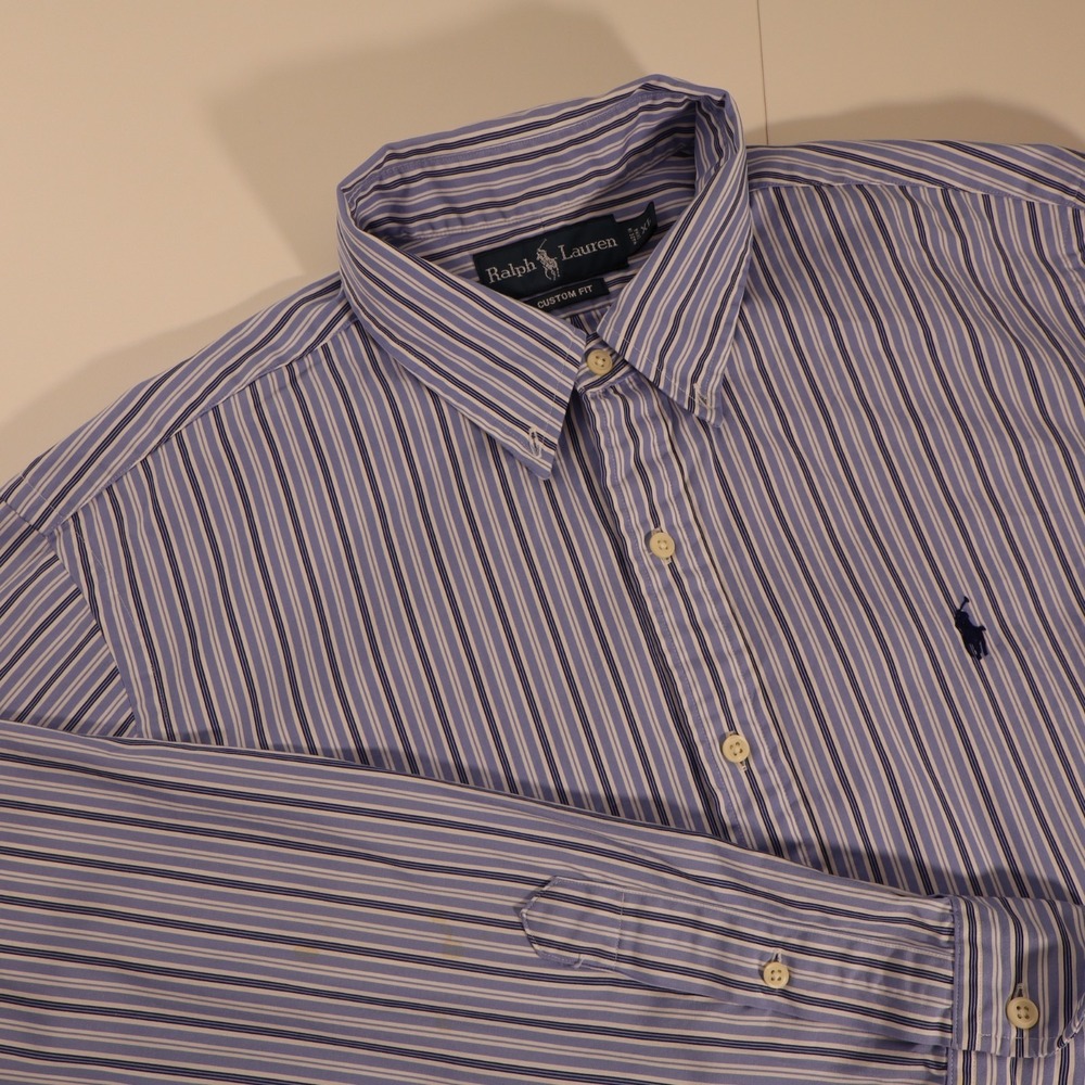 Ralph Lauren Custom Fit Blue White Striped Button Down Shirt Mens Long Sleeve XL